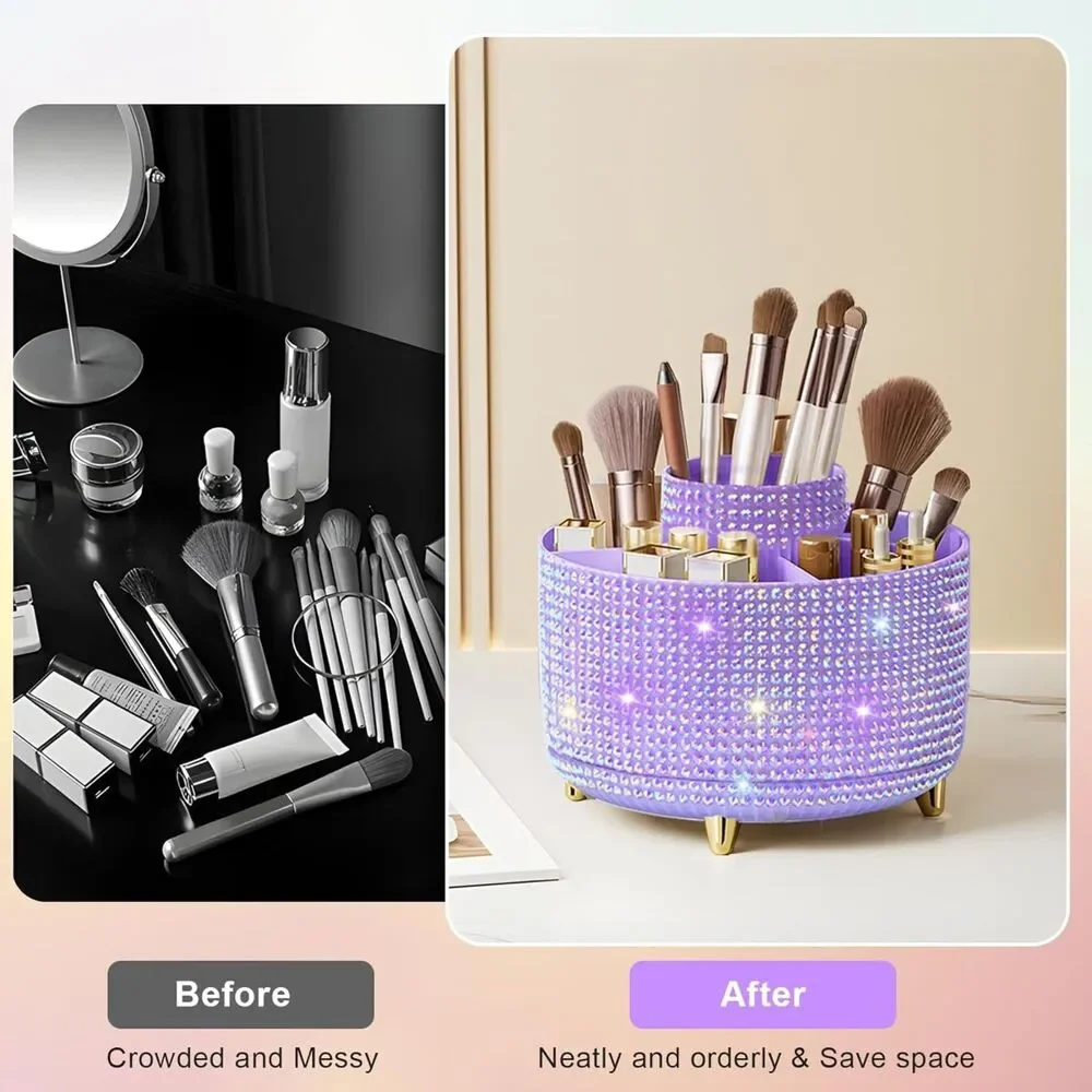 Diesisa 5Slot Makeup Brush Diamond Purple Cup 360° Rotating Makeup Brush Holder